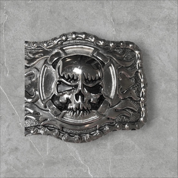 Skull Biker Changeable Belt Buckle~Chain Link Skull Flames W/Black Enamel Accent - Picture 2 of 3